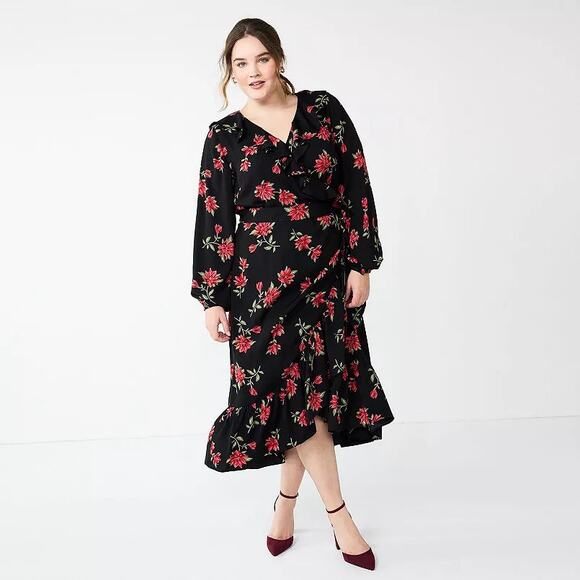 Draper James RSVP Size Small Black Red Floral Long Sleeve Ruffle Midi Wrap Dress - Picture 1 of 16